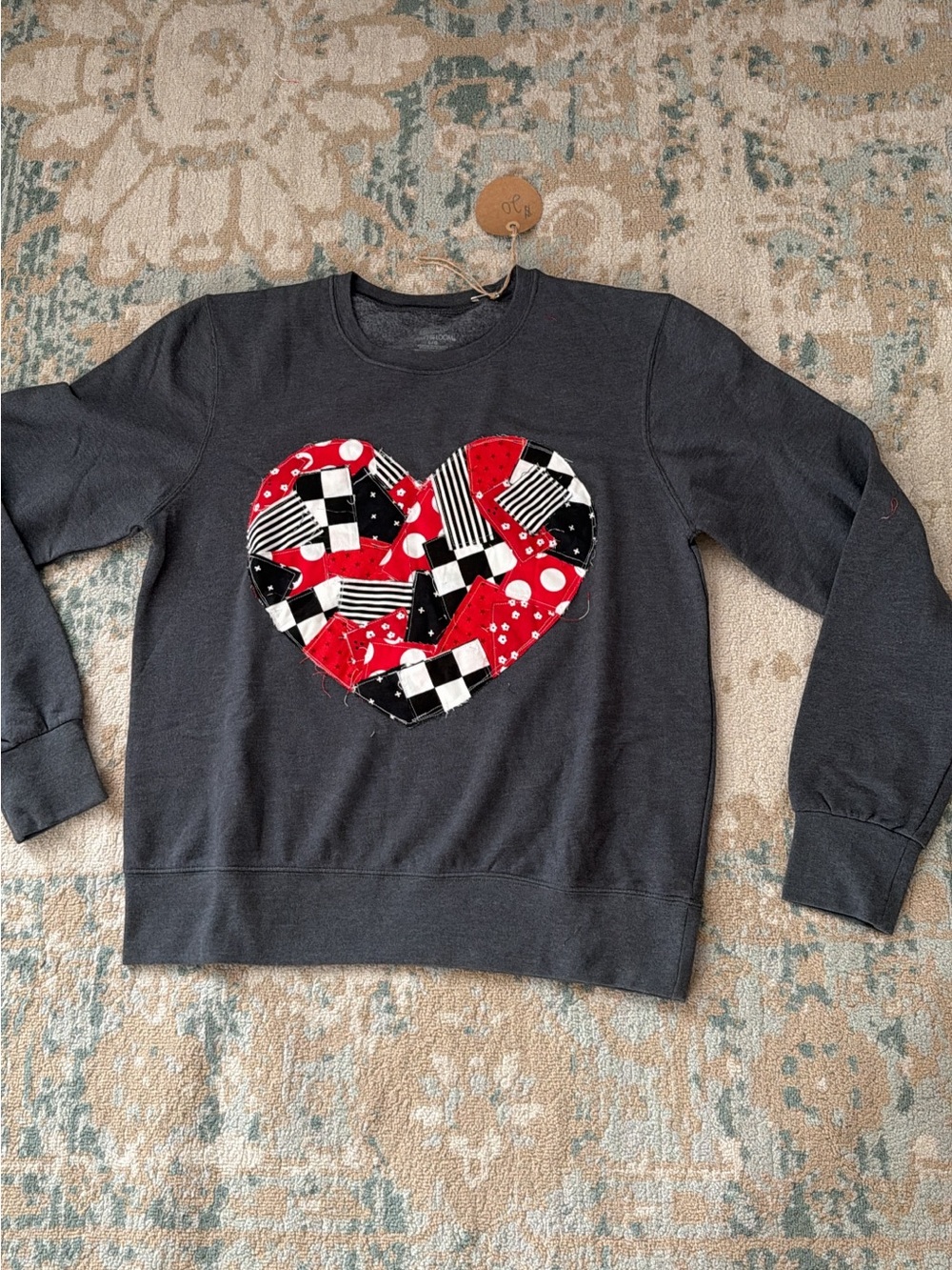 Women’s handmade Black Sweatshirt with Red & Black Patchwork Heart